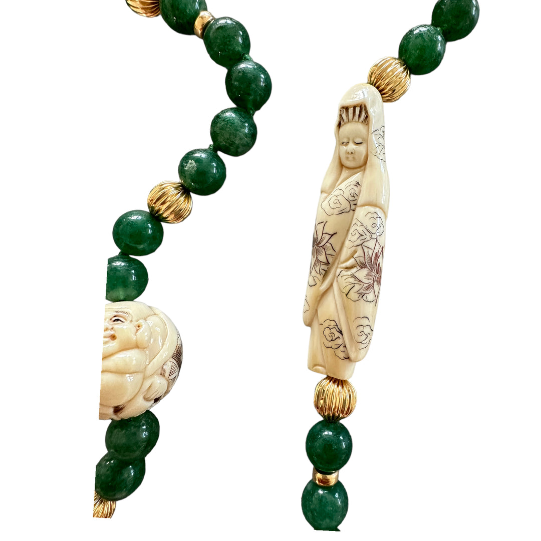 14Kt Netsuke Carved Chinese Figurine Aventurine Beads Necklace 34"