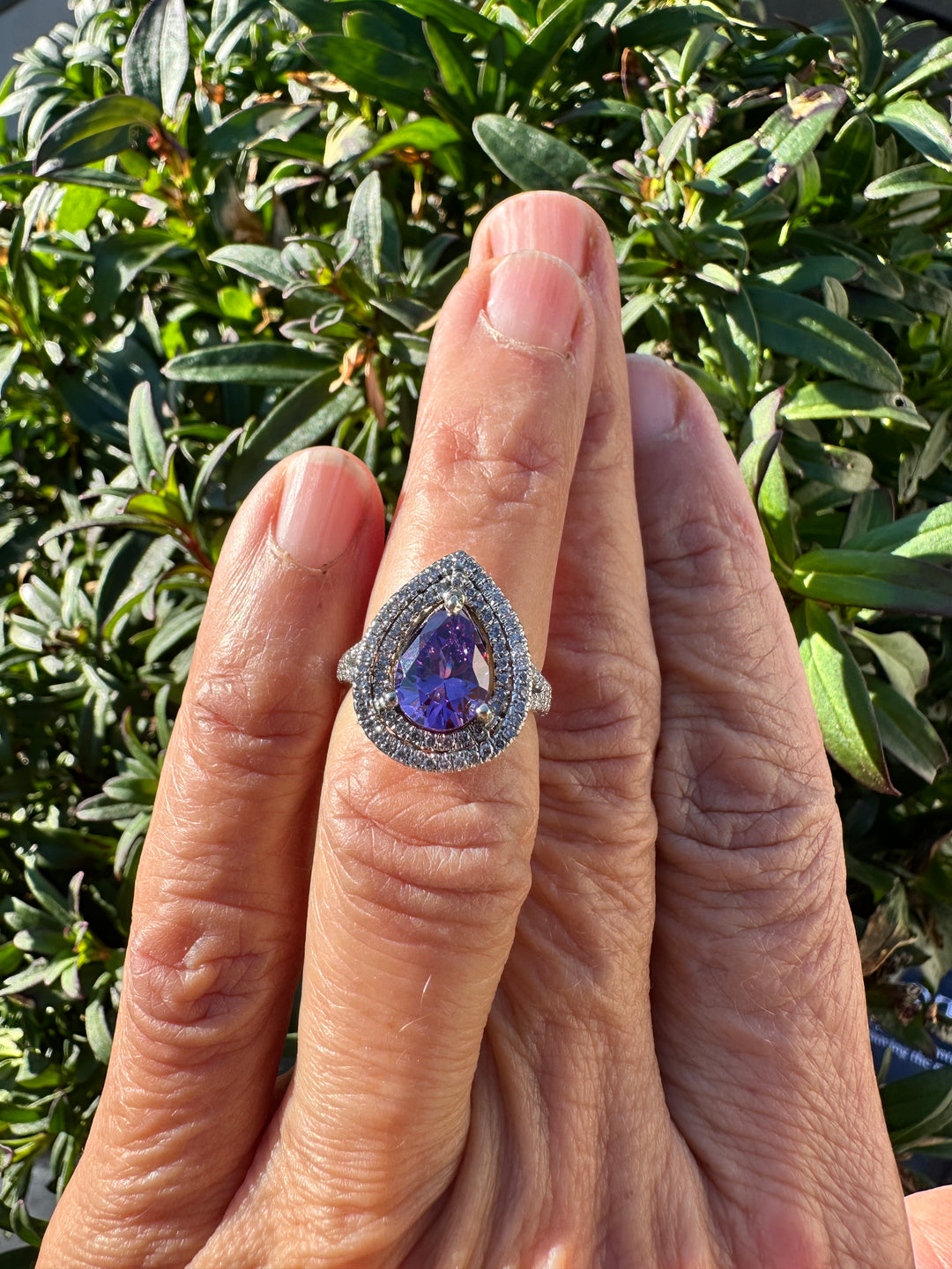 14 karat pear shaped Brazilian Amethyst diamond halo ring