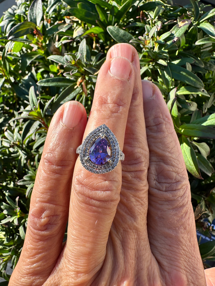 14 karat pear shaped Brazilian Amethyst diamond halo ring