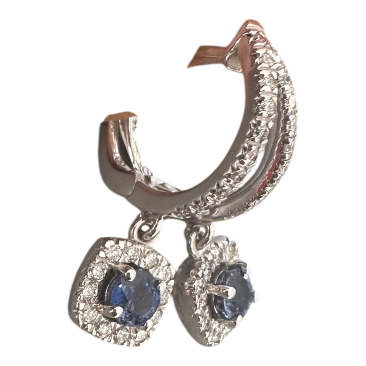 14 karat 2.00 carat sapphire, and diamond halo huggy earrings