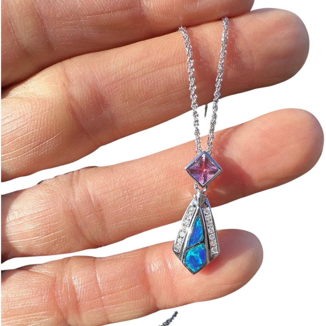 14 karat Opal, tourmaline, and diamond pendant with chain
