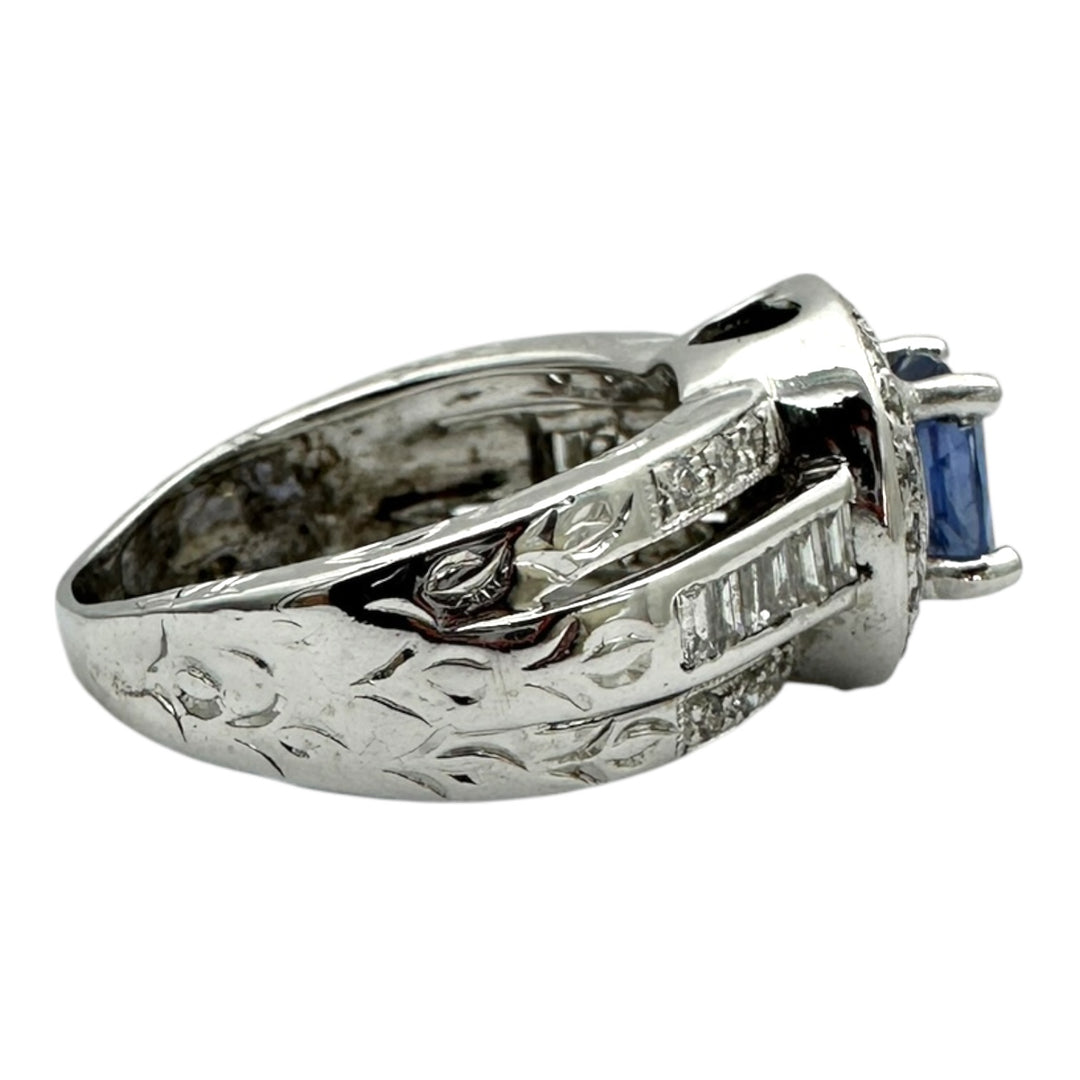 14 Karat White Gold 2.25TCW Blue Sapphire Halo Diamond and Baguette Ring