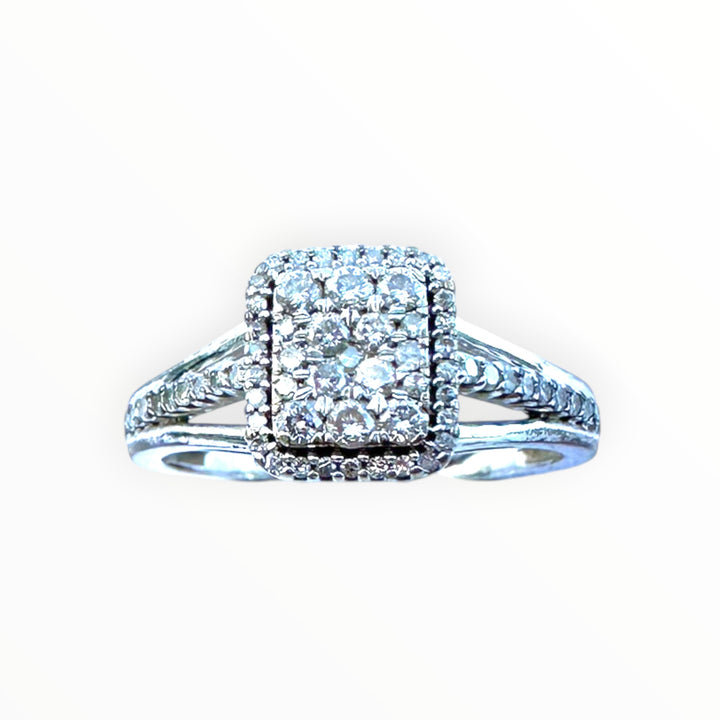 Modern 14k White Gold 1.00ct Square Halo Diamond Cluster Ring