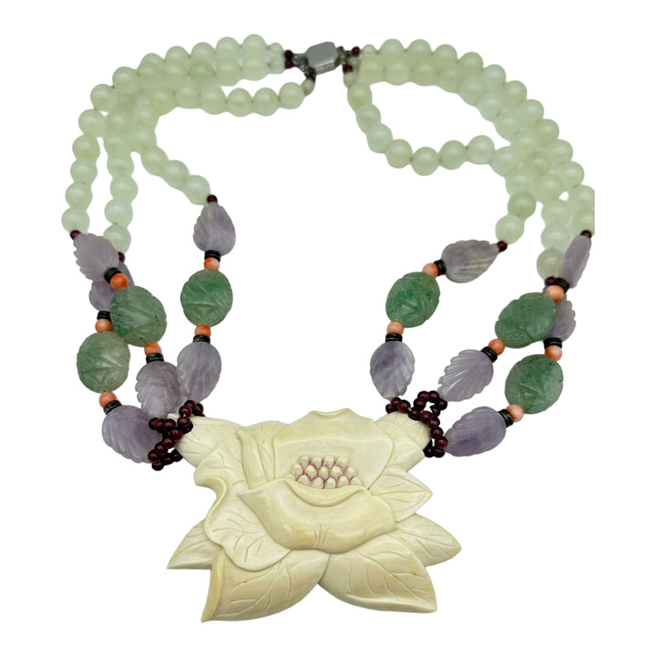 16" Carved Lotus Flower on Colored Jade Beads