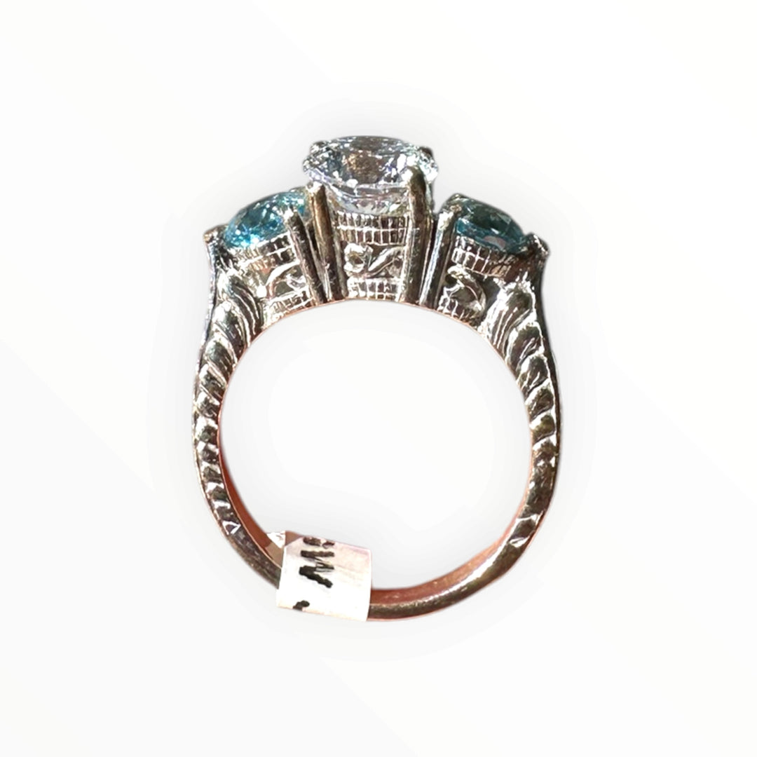 14 Karat White Gold, Three Stone Neon Apetite Etched Engraved Ring