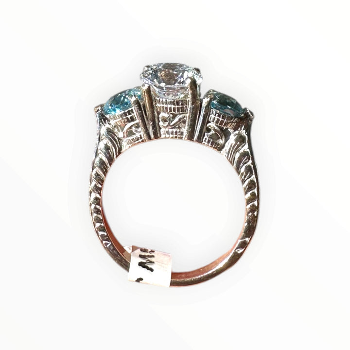 14 Karat White Gold, Three Stone Neon Apetite Etched Engraved Ring