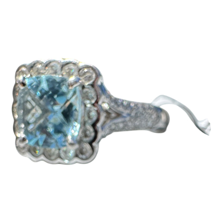 Designer  2.35 carat Aquamarine and Diamond Halo Ring 18 Karat 4.05 Carat