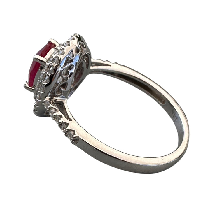 14kt White Gold 1.40 Carat Oval Ruby and Double Diamond Halo Cocktail Ring