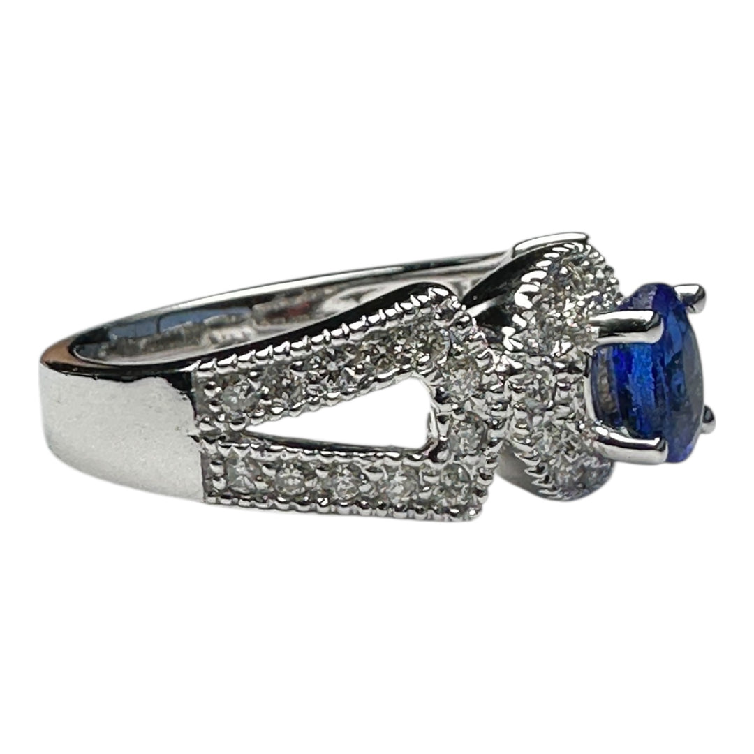 14kt White gold Halo Sapphire and Diamond Split Shank Ring