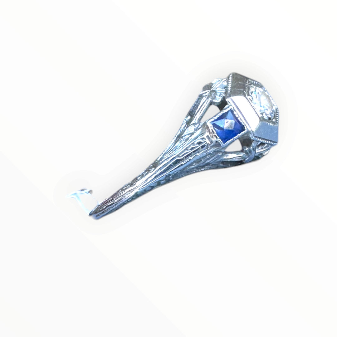 Antique Art Deco 18K White Gold Hexagonal Diamond & Sapphire Engagement Ring .45ctw