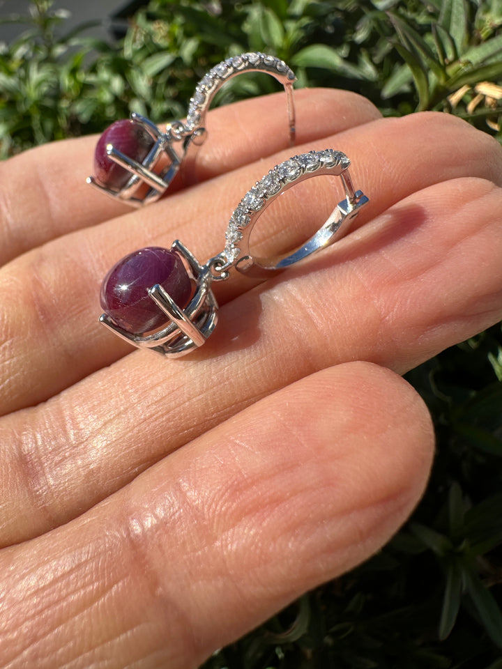 14kt 5cts Star Ruby, 1/3ct diamond hinge hoop earrings