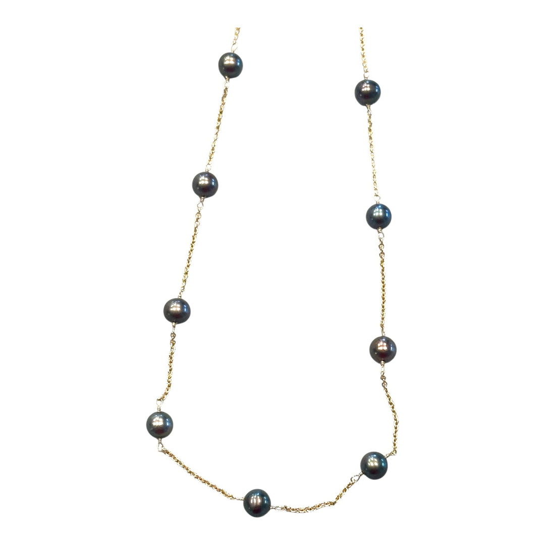 14K Yellow Gold 5.75mm Natural Black Akoya Pearl Chain Necklace AAA Iridescent