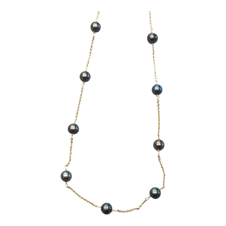 14K Yellow Gold 5.75mm Natural Black Akoya Pearl Chain Necklace AAA Iridescent
