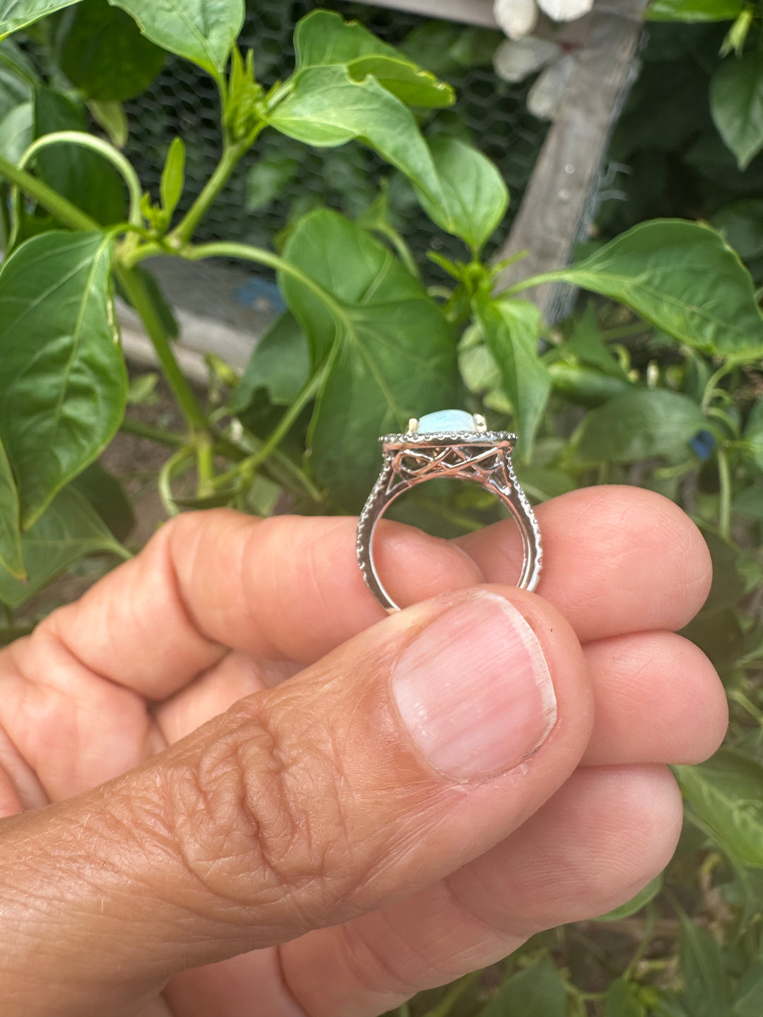 14 karat halo opal ring .80 carat diamond.