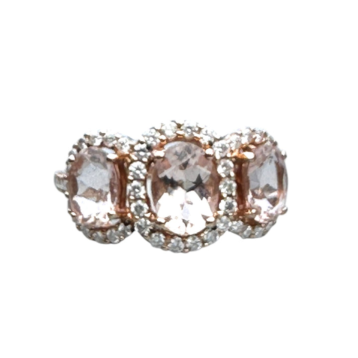 14 karat pink gold, 3-stone Morganite diamond halo ring