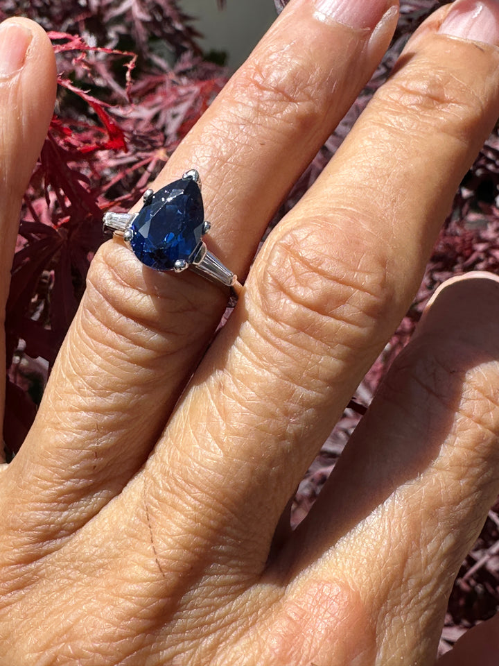 Mid Century Platinum 3-Stone 4.40ctw, Lab-Sapphire and Baguette Diamond Ring