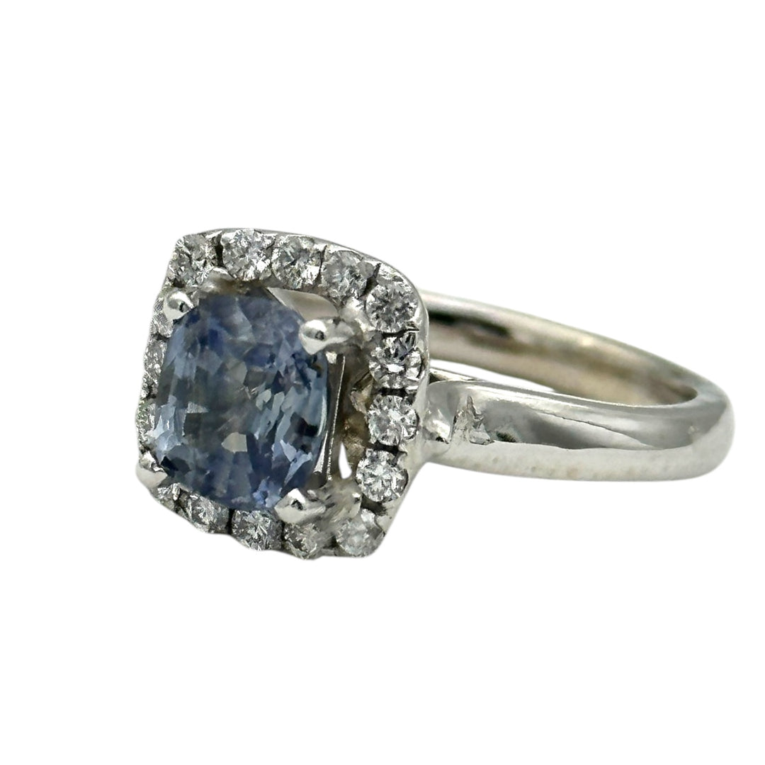 14 Karat Cushion-Cut, Sri Lanka Sapphire Diamond Halo Ring