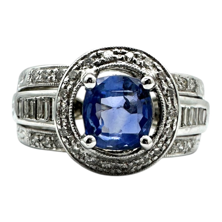 14 Karat White Gold 2.25TCW Blue Sapphire Halo Diamond and Baguette Ring