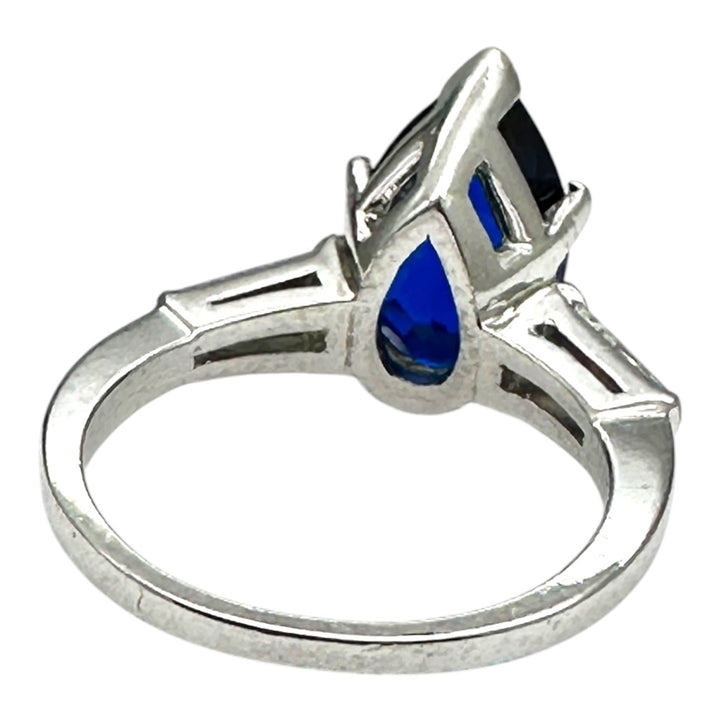 Mid Century Platinum 3-Stone 4.40ctw, Lab-Sapphire and Baguette Diamond Ring