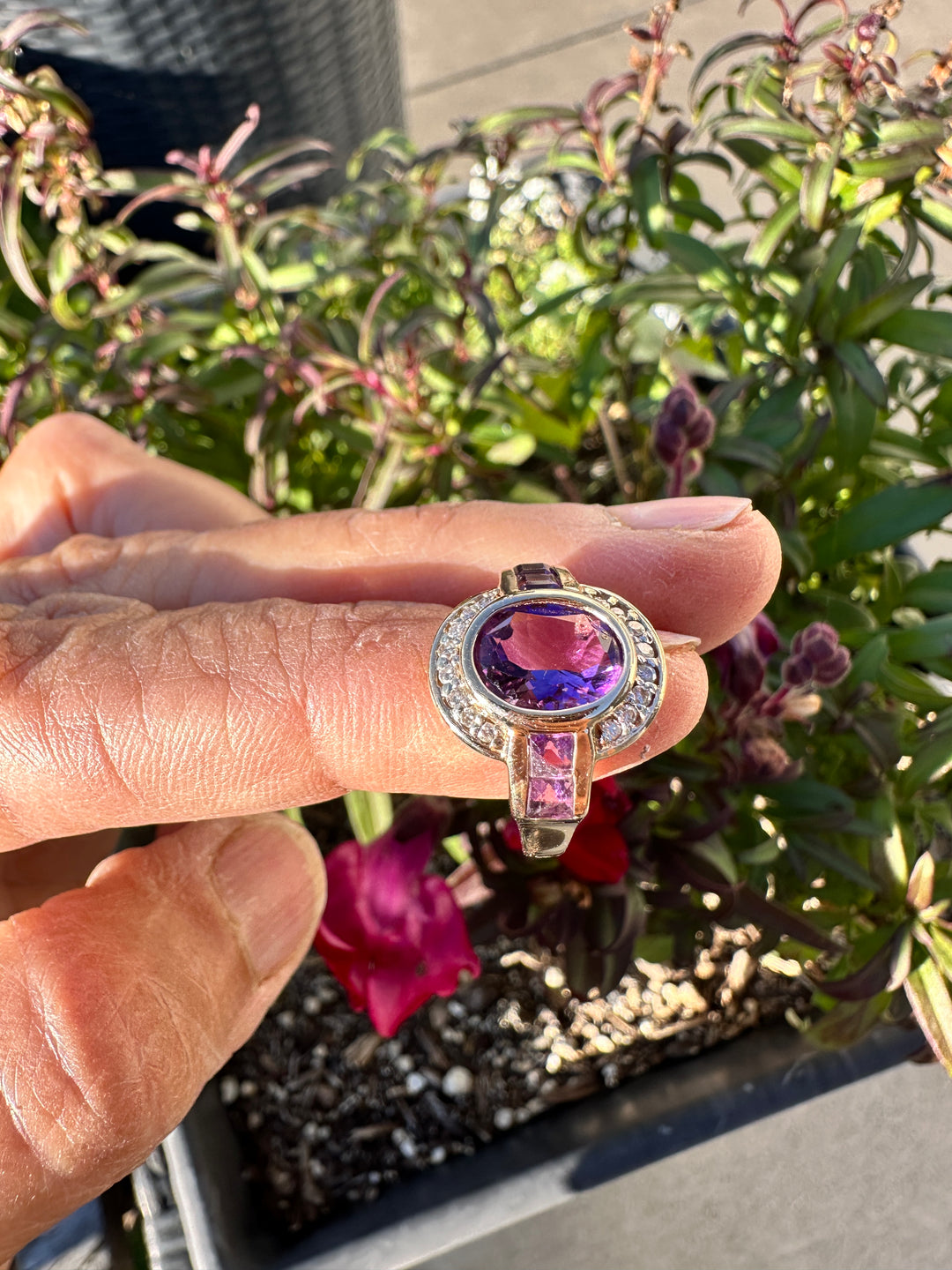 14 karat art deco style Amethyst halo Ring