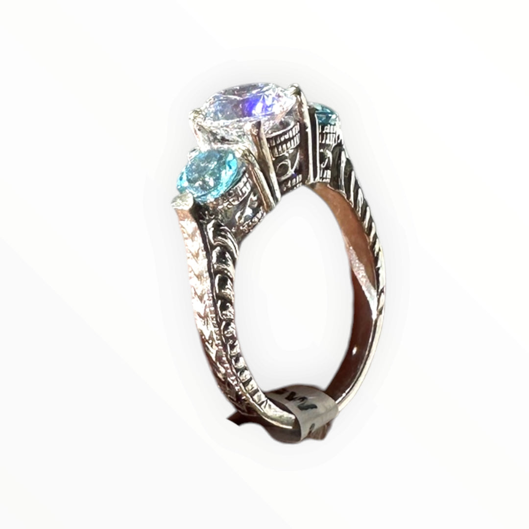 14 Karat White Gold, Three Stone Neon Apetite Etched Engraved Ring