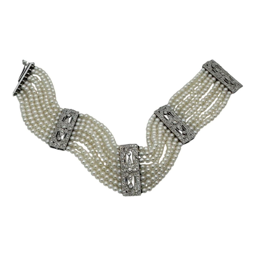 8 Strand Pearl and Diamond Bracelet Platinum AAA Quality VS F-G Color