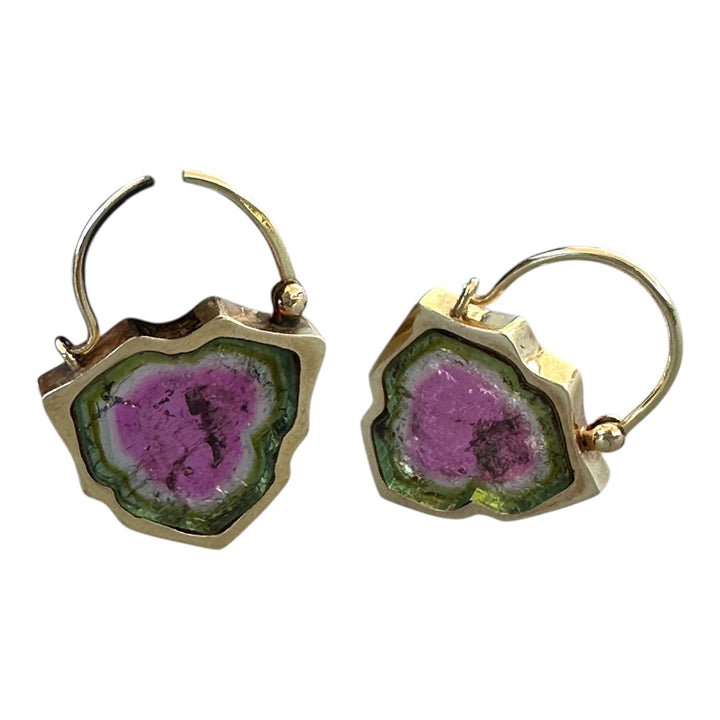 18K Solid Yellow Gold Diamond Accent 28CT Watermelon Tourmaline Slice Earrings