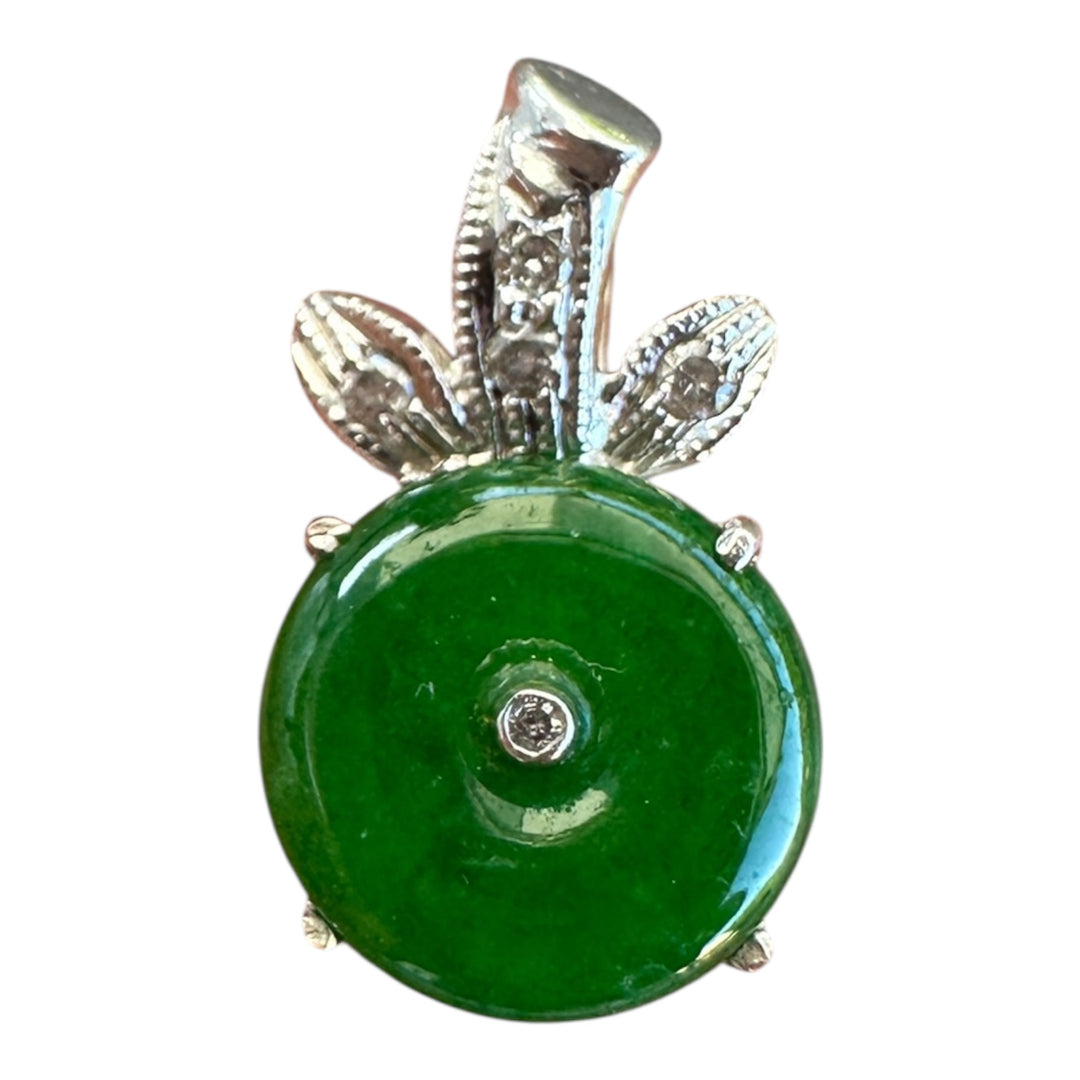 18kt Deep Green Jadeite Disc and Diamond Bow-tie Pendant Drop