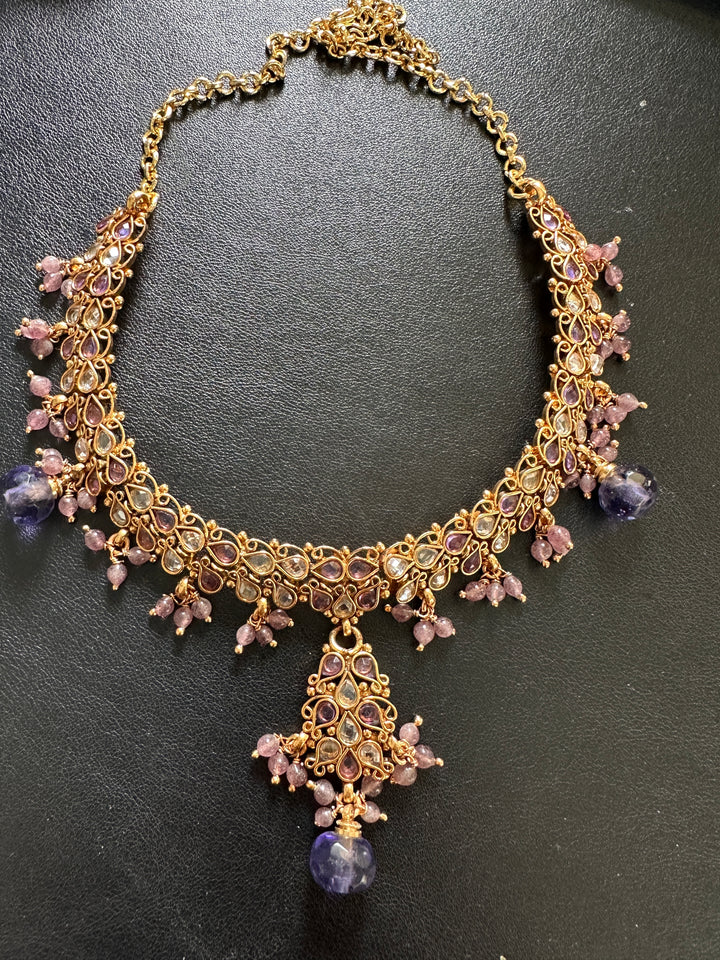 Egyptian Lavender Jeweled Gem Colored Necklace 24kt Electroplated