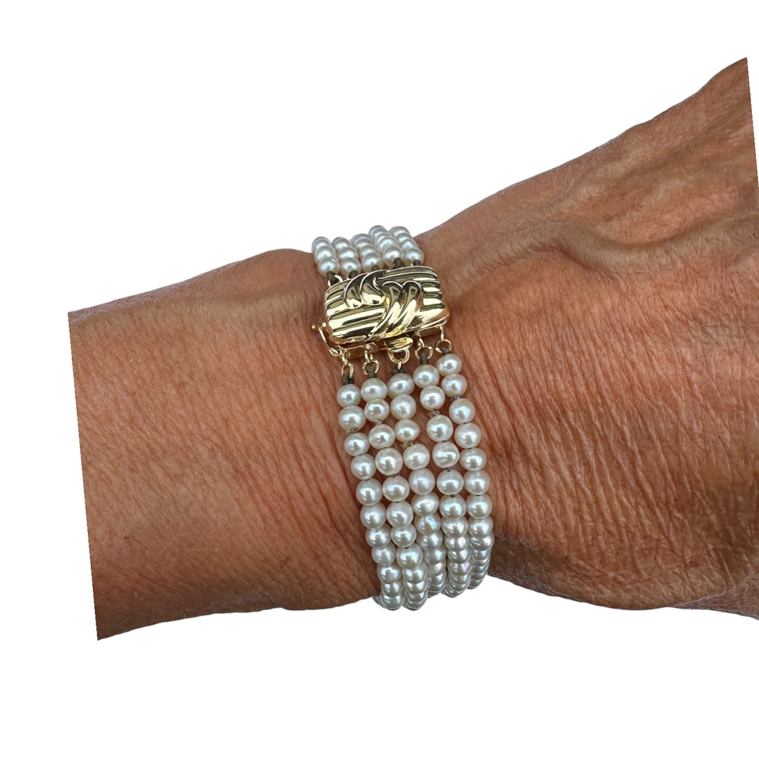 Vintage 14K Yellow Gold Five-Strand Grey Pearl Cuff Bracelet