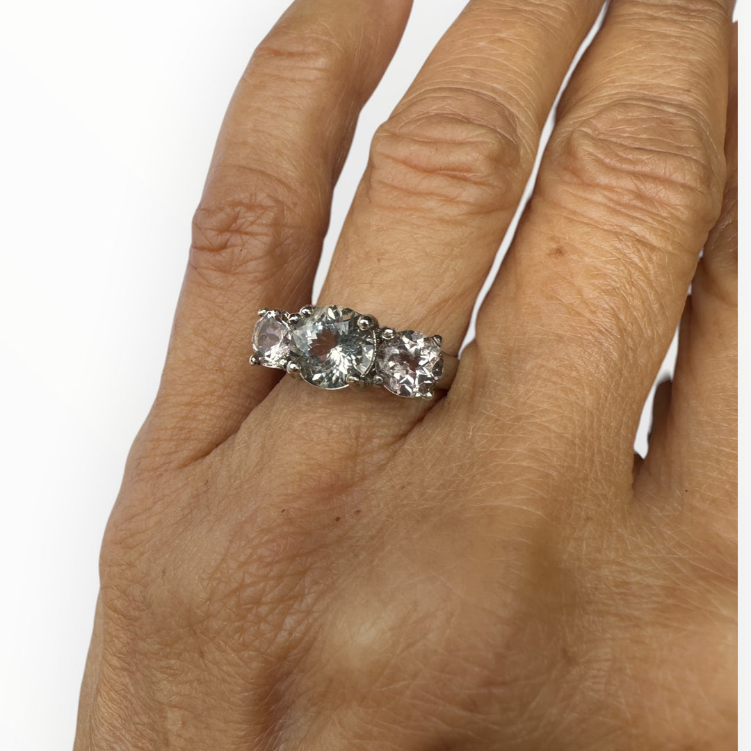 14kt Morganite and Prasiolite 3-stone Gemstone Ring 2.75 karat total weight ￼