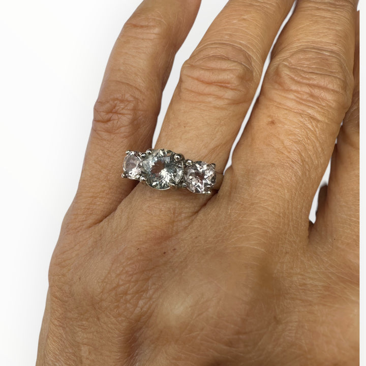 14kt Morganite and Prasiolite 3-stone Gemstone Ring 2.75 karat total weight ￼