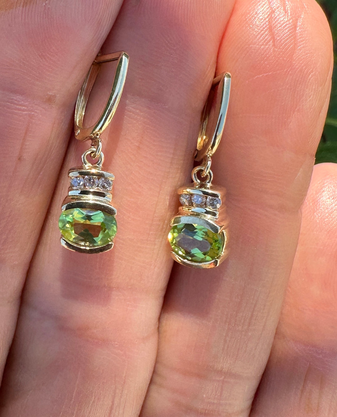 14K Yellow Gold 1.50ct Peridot and 1/4ct Diamond Leverback Dangle Earrings
