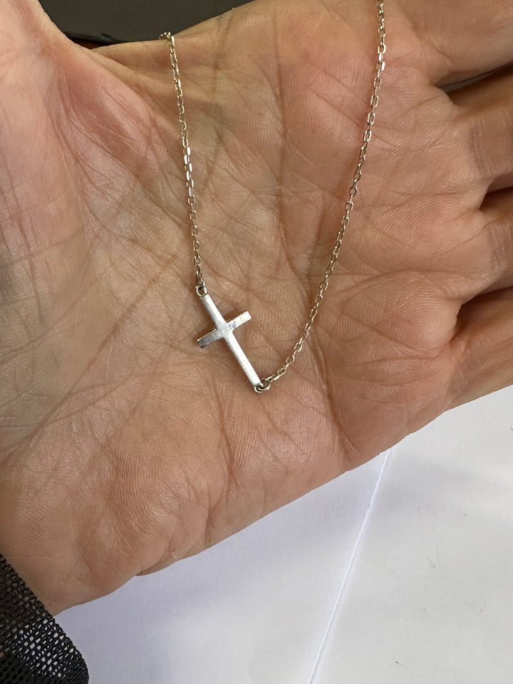 Sterling Polished Sideways cross 1” on Adjustable 16-18” Chain