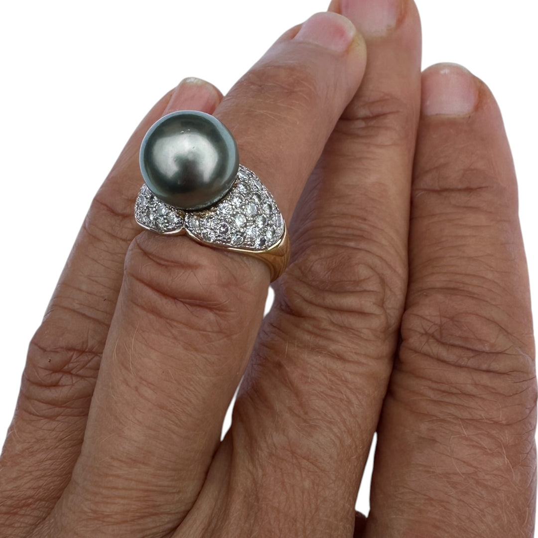 Mid-century, 18 karat Tahitian 12 mm pearl with 1.50 carat diamonds