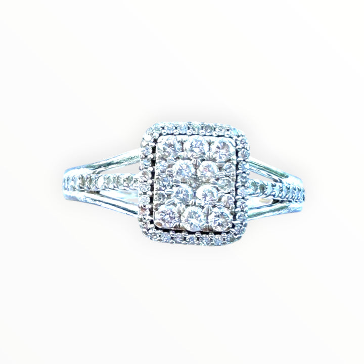 Modern 14k White Gold 1.00ct Square Halo Diamond Cluster Ring