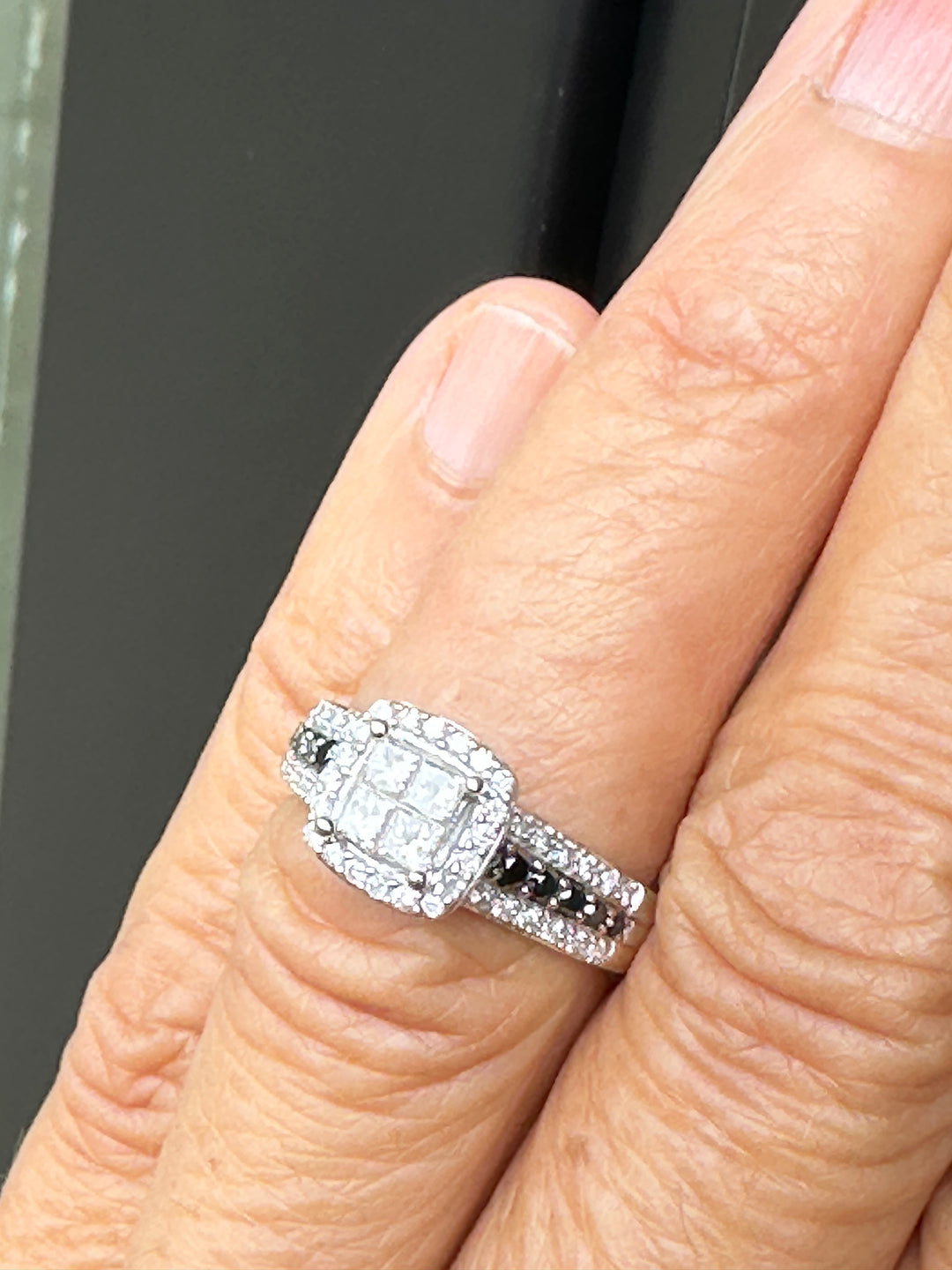 14K White Gold Princess-Cut Quad Diamond Halo Ring with Black Diamond Accents .75ctw
