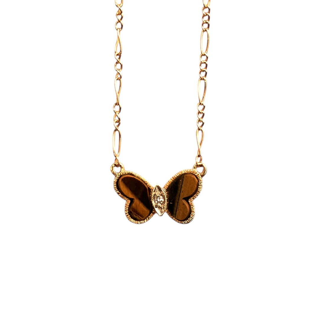 Mid-Century Inspired Yellow Gold, Tiger's Eye Butterfly Pendant Necklace
