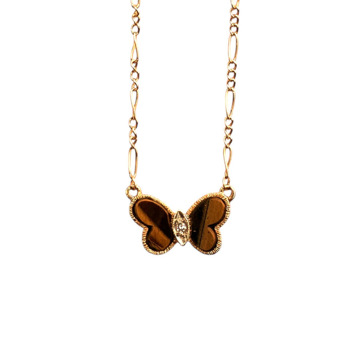Mid-Century Inspired Yellow Gold, Tiger's Eye Butterfly Pendant Necklace