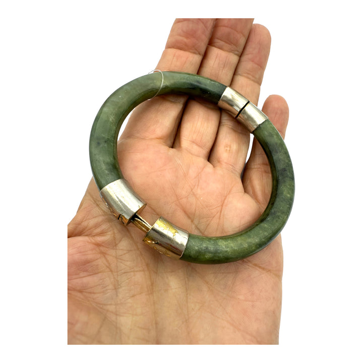 1970's Green Jade, Bangle Bracelet with Etched Gold Clasp