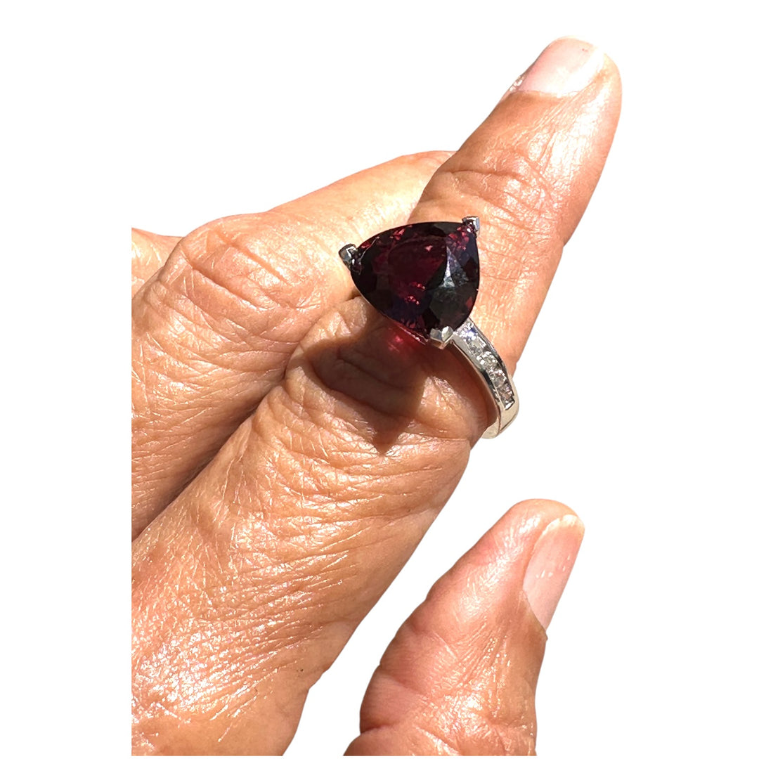 11.00 ct Trillion Rhodolite Garnet, 0.50 ct Diamond Ring in 14 Karat White Gold