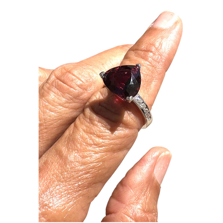 11.00 ct Trillion Rhodolite Garnet, 0.50 ct Diamond Ring in 14 Karat White Gold