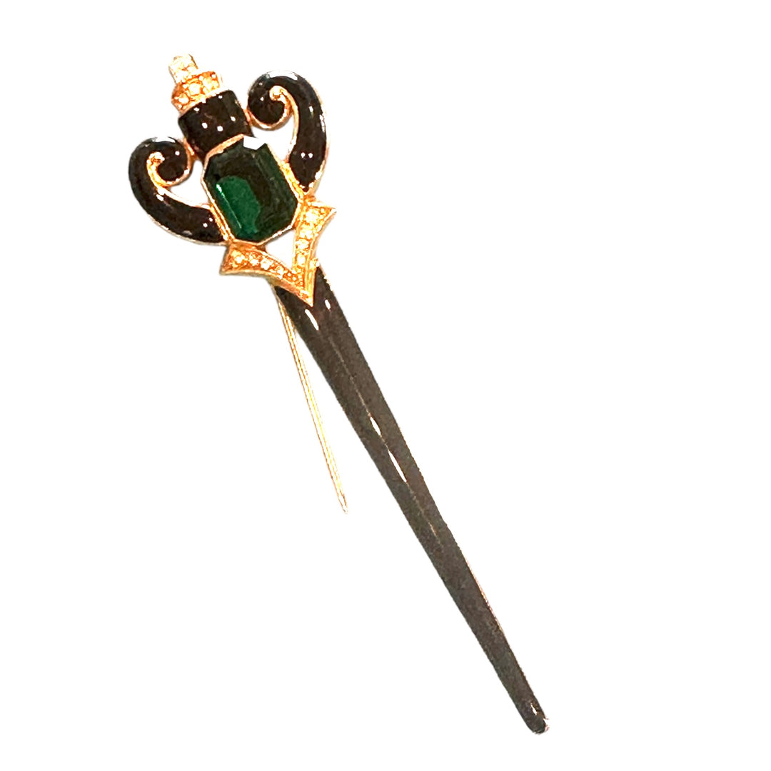 Art Deco Black And Emerald Daggar Pin Brooch, 4”