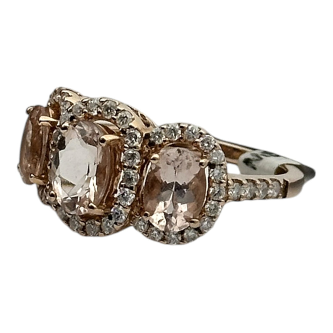 14 karat pink gold, 3-stone Morganite diamond halo ring