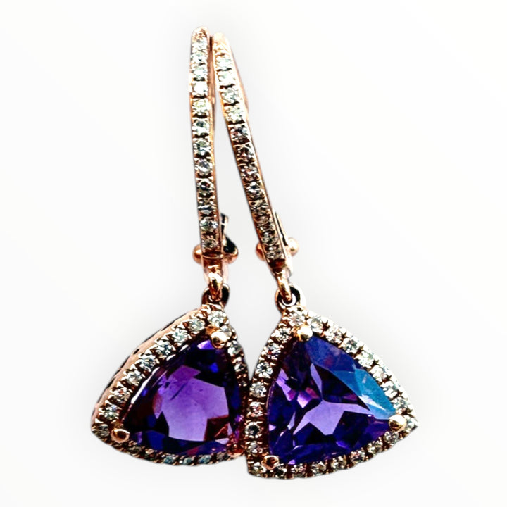 14k Rose Gold & Trillion-Cut Amethyst and Diamond Dangle Earrings 1.35ctw