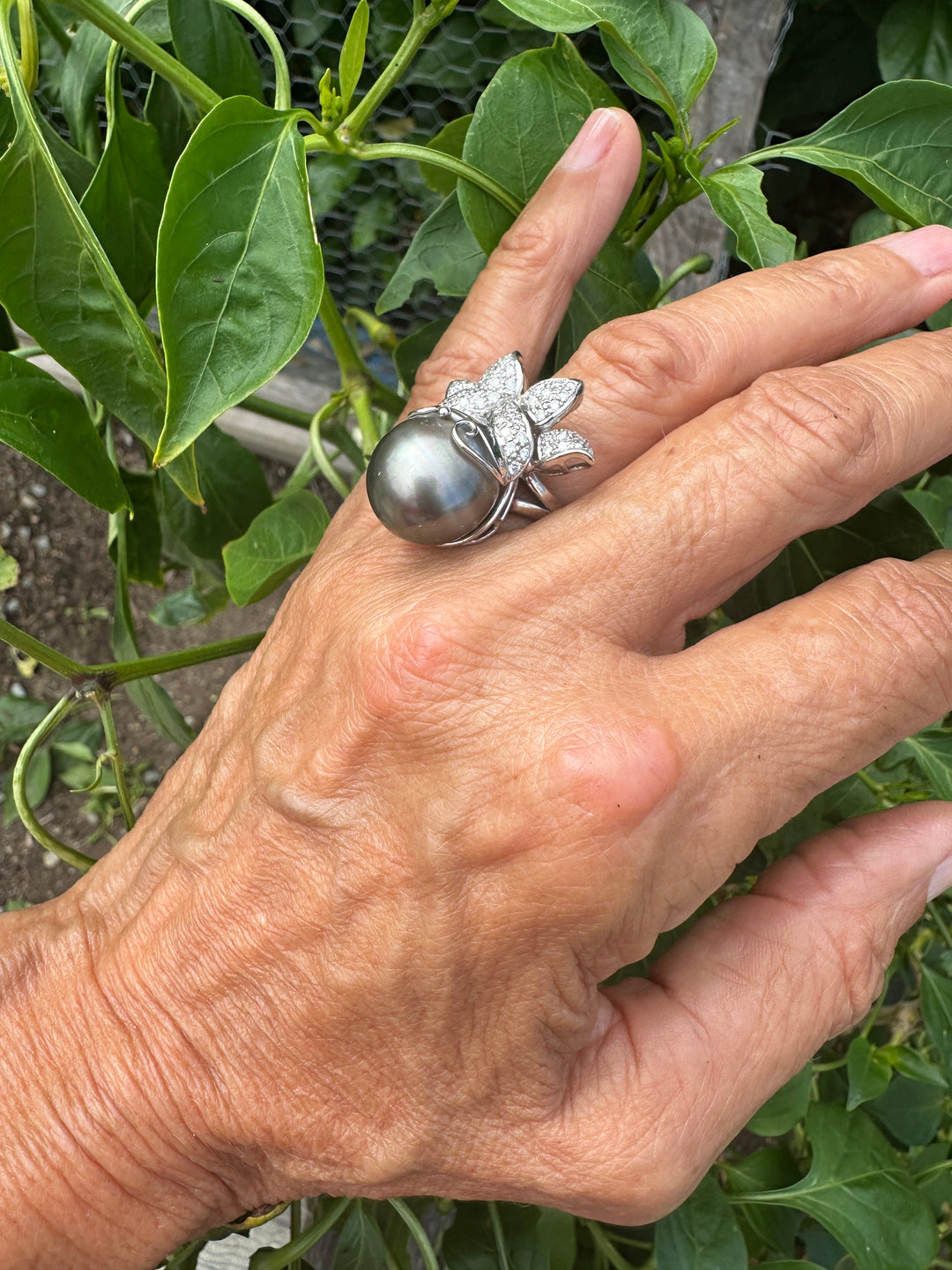 AAA Diamond and Tahitian 14mm Pearl Ring 1.50 ct