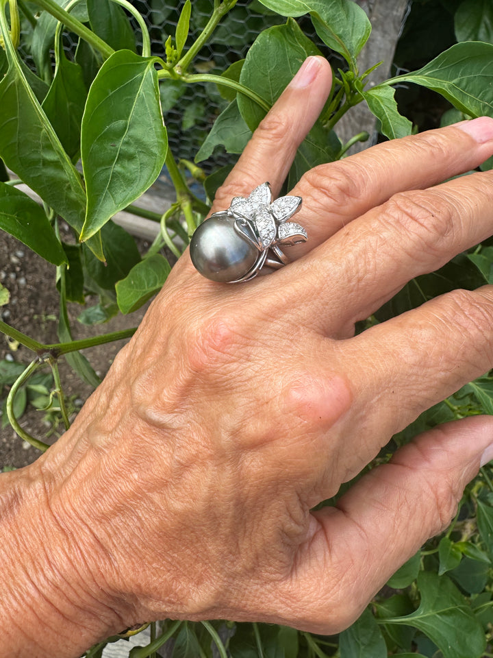 AAA Diamond and Tahitian 14mm Pearl Ring 1.50 ct