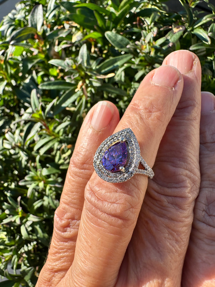 14 karat pear shaped Brazilian Amethyst diamond halo ring