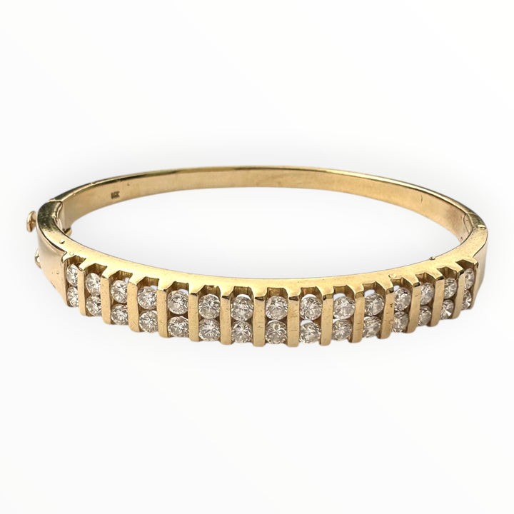 14 karat Gold Two-Row Round Brilliant Diamond Channel Bangle Bracelet, 3.00 Carats