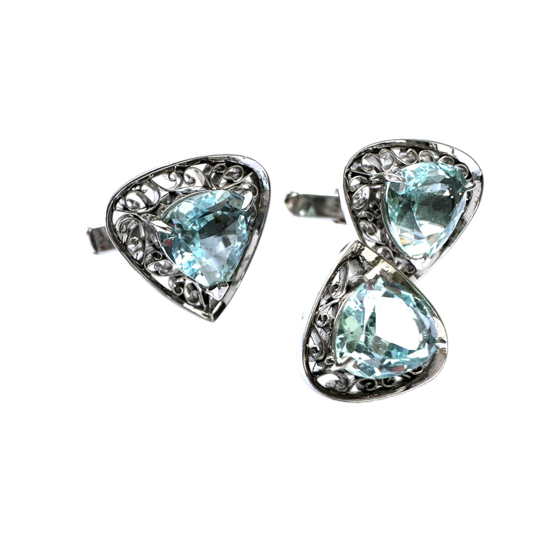 Edwardian 7 Carats Aquamarine Cufflinks and Tie Tack Set, White Gold